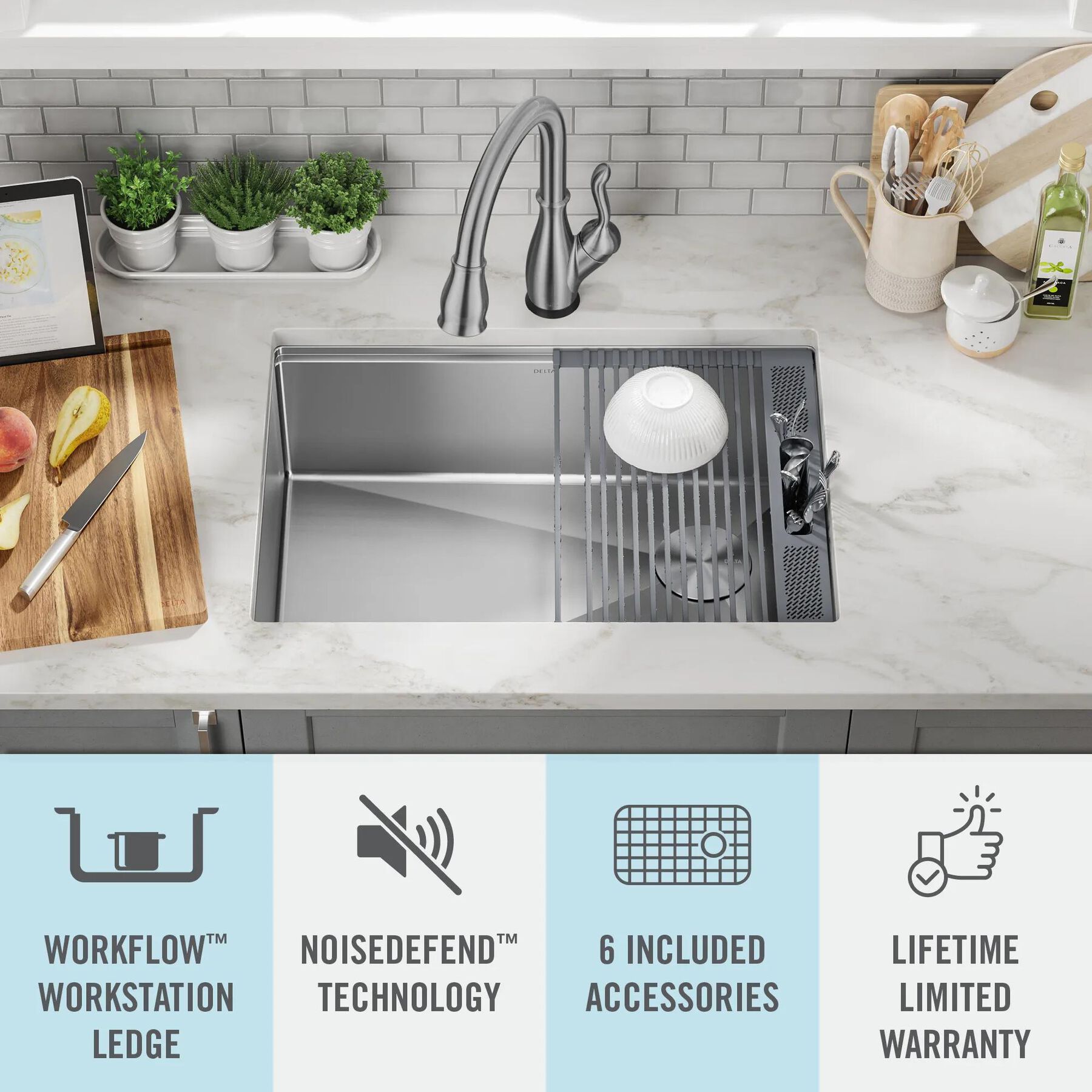 27&rdquo; Workstation Kitchen Sink Undermount Stainless Steel Single Bowl with WorkFlow&trade; Ledge and Accessories